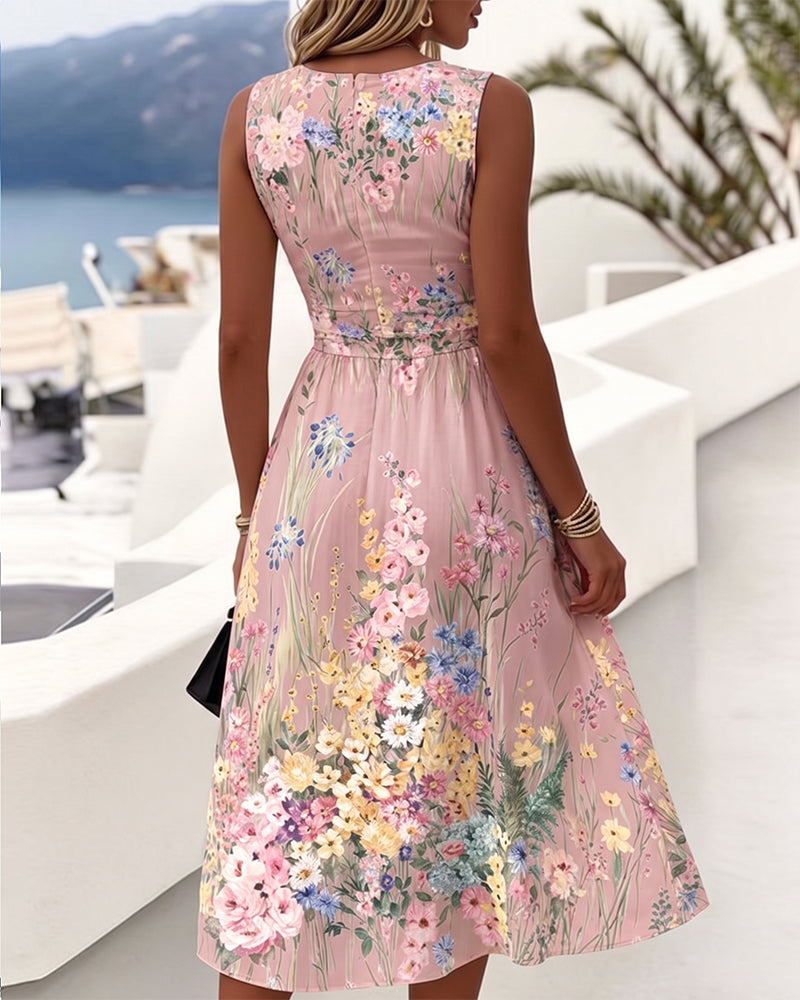 Sleeveless Floral Print Waist-Cinching Dress
