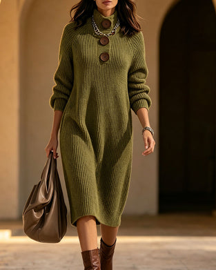 Turtleneck Button Pocket Dress
