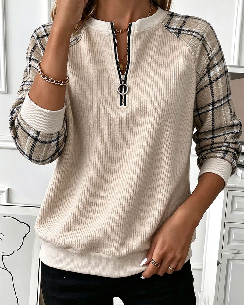 Round Neck Zipper Plaid Sweatshirt