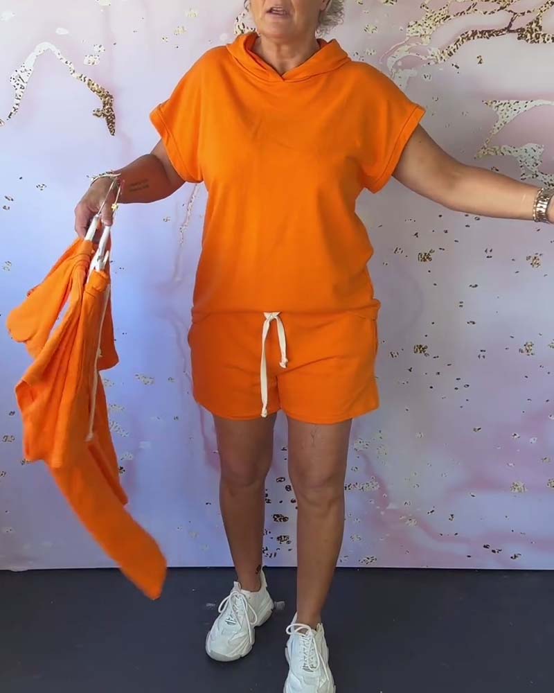 Loose solid color hooded short-sleeve set