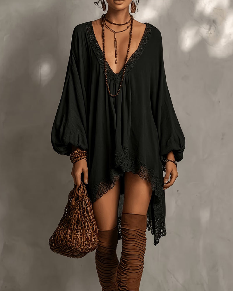 V-Neck Lace Asymmetric Dress