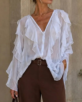 V-Neck Ruffle Loose Blouse