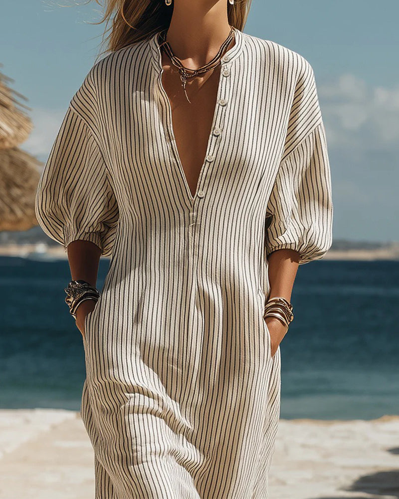 Puff Sleeve Button-Down Stripe Dress