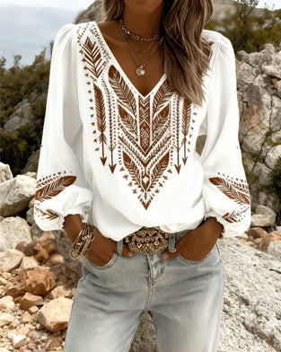 Puffed Sleeve V-Neck Loose Blouse