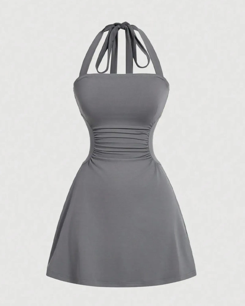 Halterneck Bandage Waist Shirred Dress
