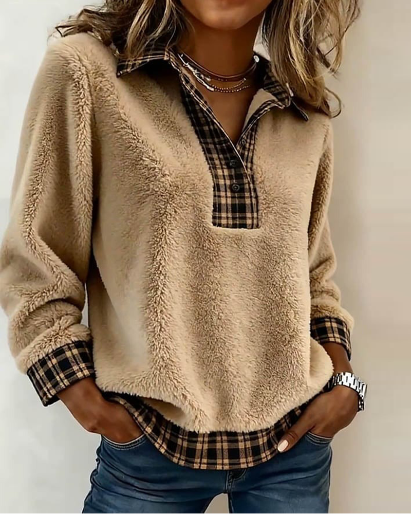 Plaid Collar Patchwork Solid Color Top