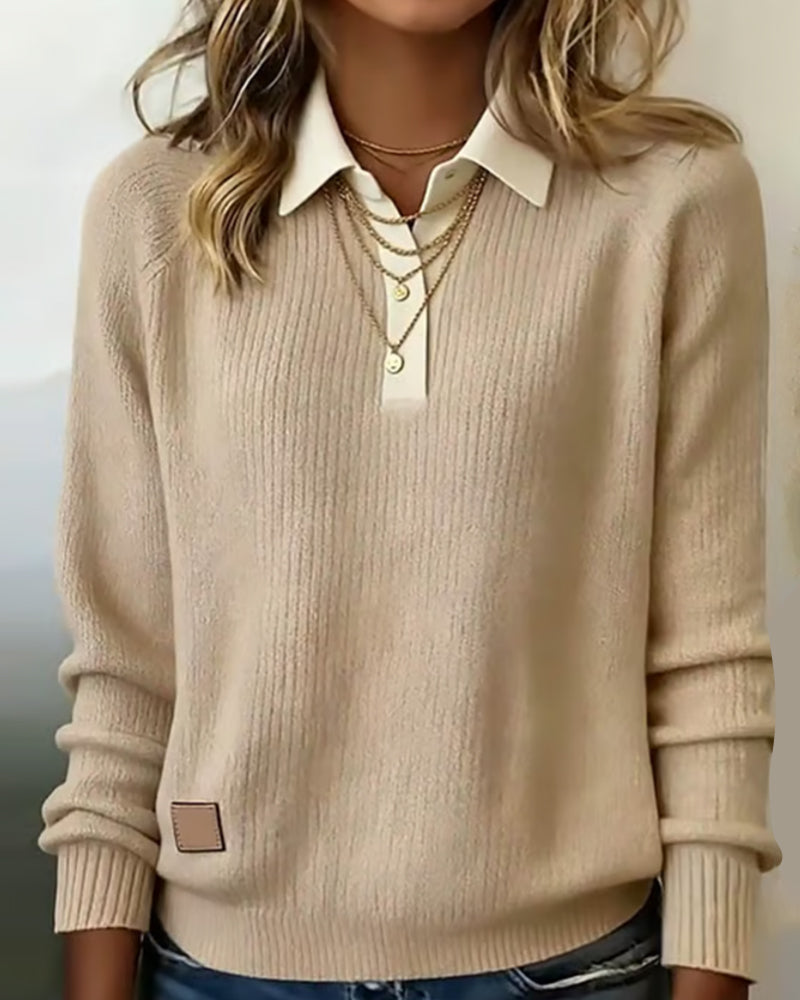 Lapel Patchwork Pullover Sweater