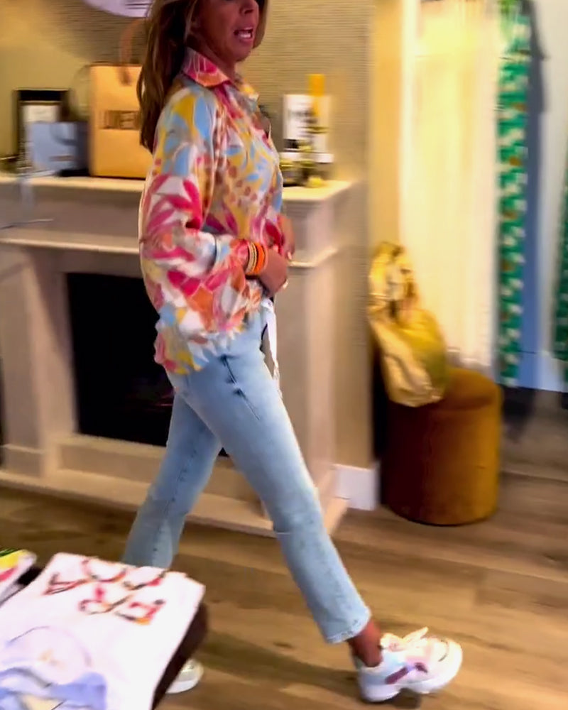 Lapel printed long sleeve top