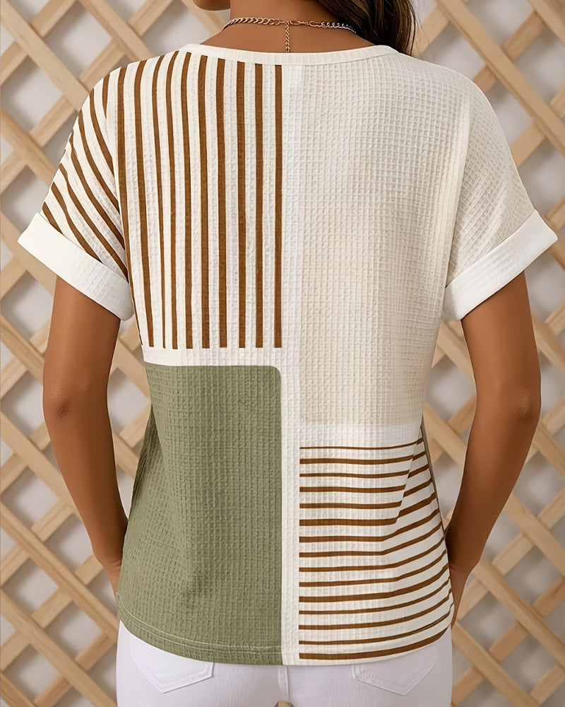 Color Block Stripe Button Crew Neck Blouse