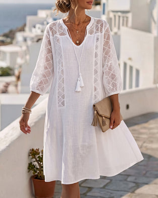 Lantern Sleeve Hollow Out Tie Resort Dress