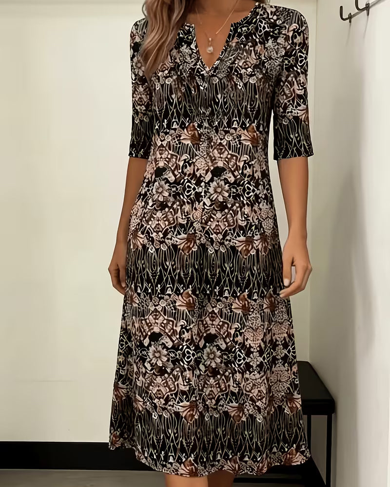 V‑neck Print Patchwork Mid‑sleeve Dress