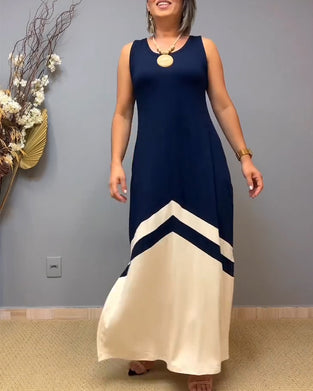 Sleeveless Contrast Color Slit Long Dress
