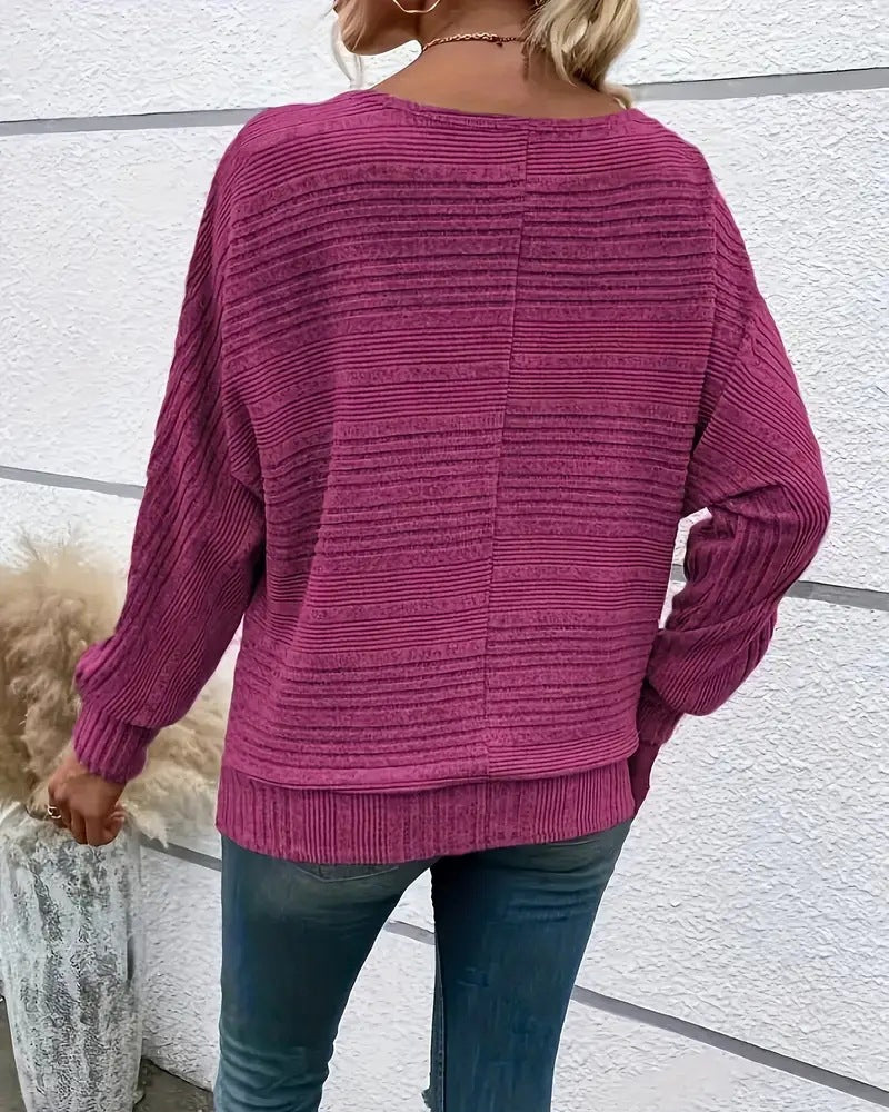Solid Color Round Neck Long Sleeve Striped Top
