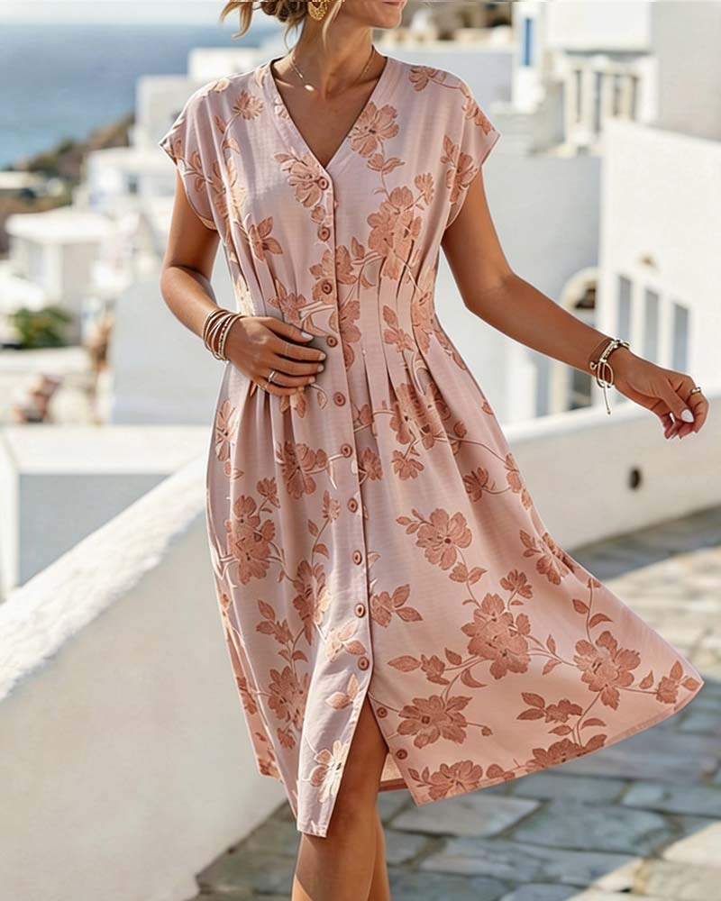 V-Neck Print Cinched Waist Button-Front Dress