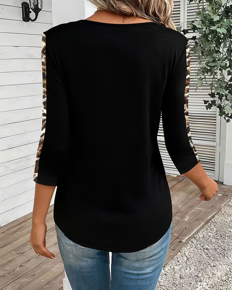 Long Sleeve V-Neck Leopard Patchwork T-Shirt