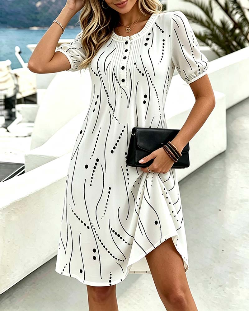Crew Neck Ruched Puff Sleeve Dress