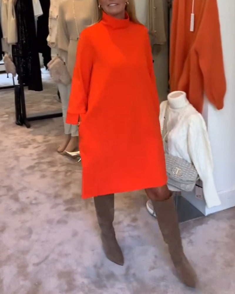 Solid color high collar casual dress