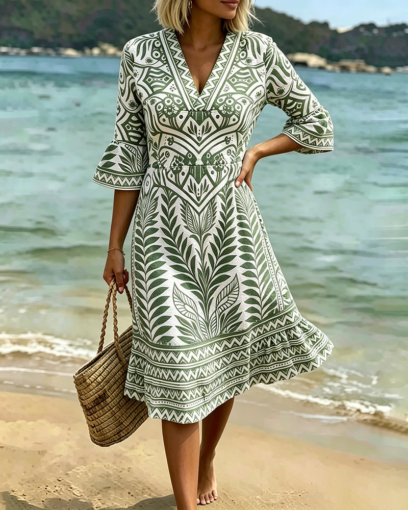 V-Neck Ruffle Sleeve Leaves Print Dress