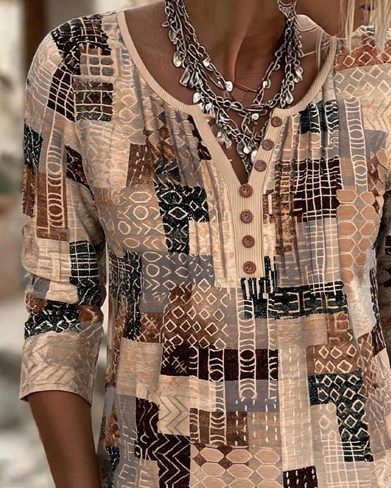 Geometric Patchwork Print Henley T-Shirt