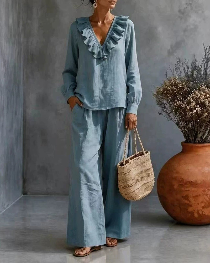 Ruffled V-Neck Long Sleeve Set