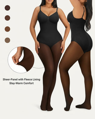 Sheer-Panel with Fleece Lined Tights Stay-Warm Tummy Control Sheer Effect Tights Bodysuit
