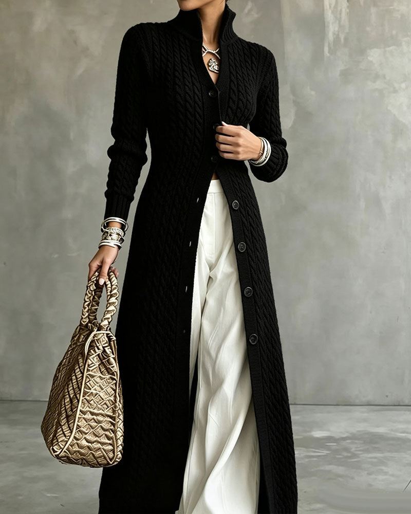 Stand Collar Cable Button Long Cardigan