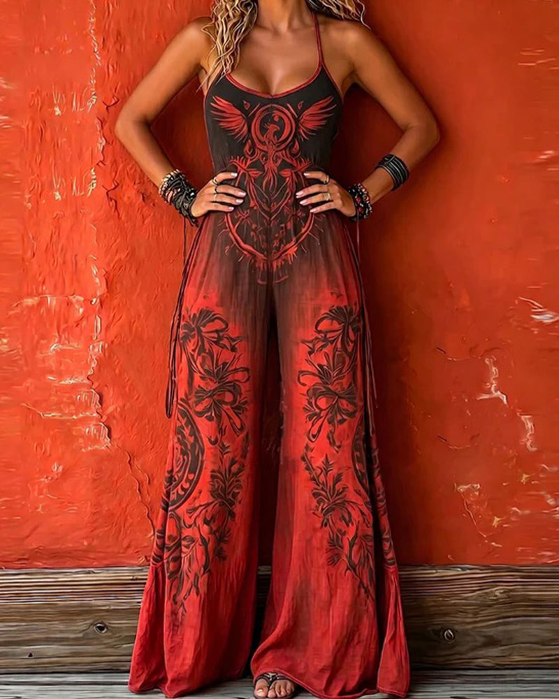 Spaghetti Strap Gradient Totem Wide Leg Jumpsuit