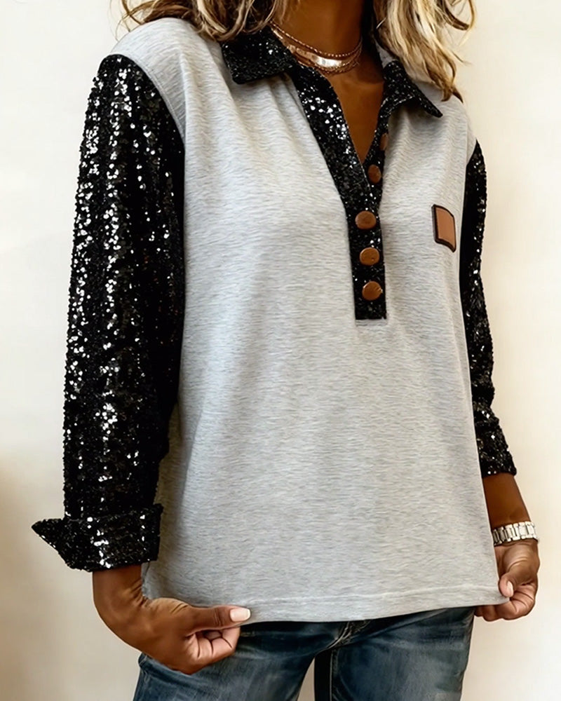 Casual Sequined Patchwork Long-Sleeved Sweatshirt