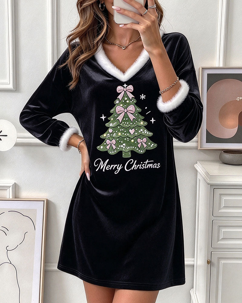V-Neck Furry Collar Christmas Tree Long Sleeve Dress