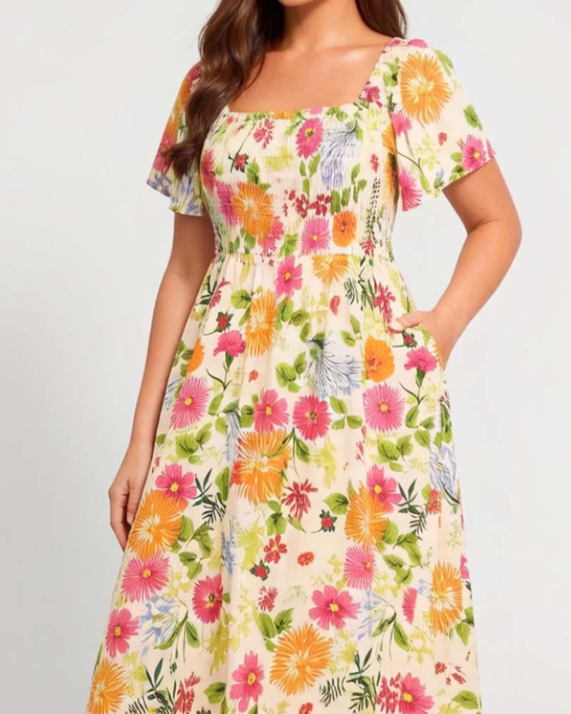 Square Neck Floral Smocked Waist Dress