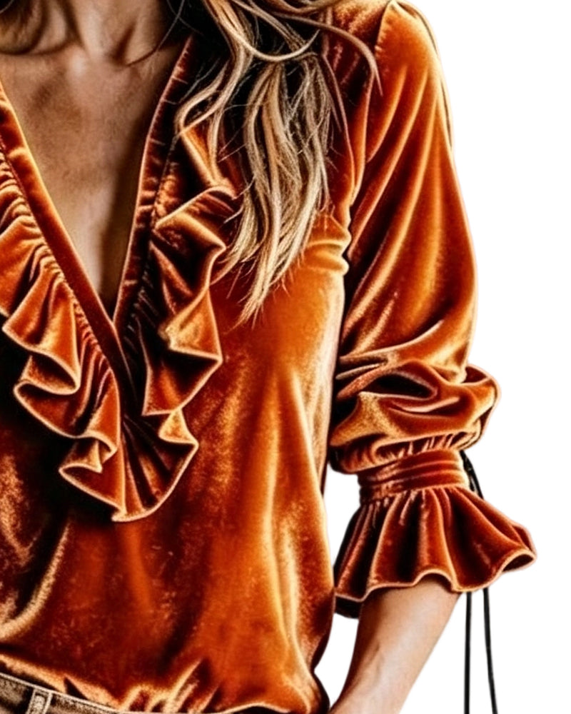 V-Neck Ruffle Tie Blouse