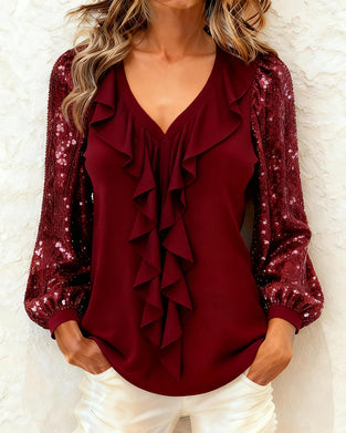 Ruffled V-Neck Sequined Long-Sleeved Top
