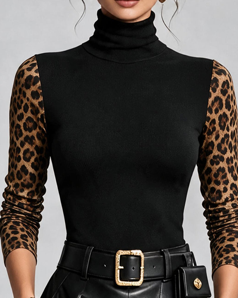 Leopard Print Spliced High-Neck Slim-Fit Top
