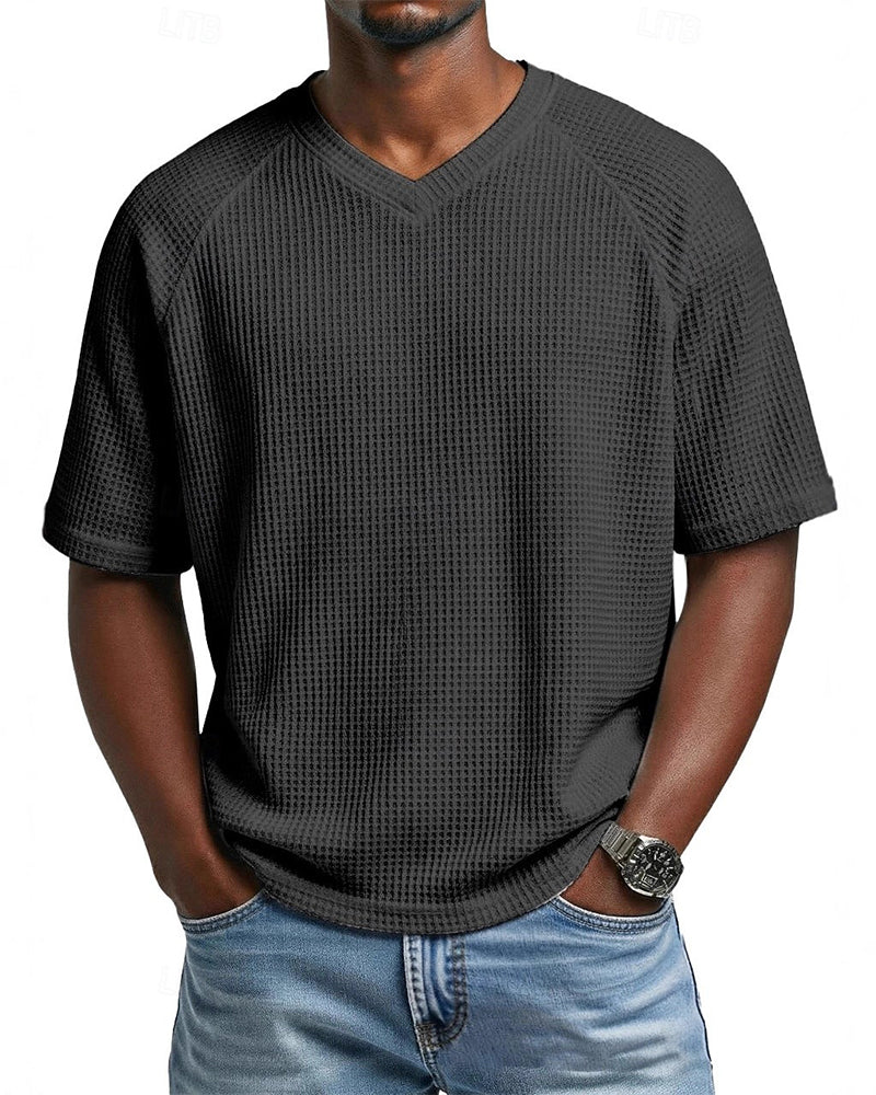 Men's Waffle V-Neck Tee, Solid Color Casual Short Sleeve Top