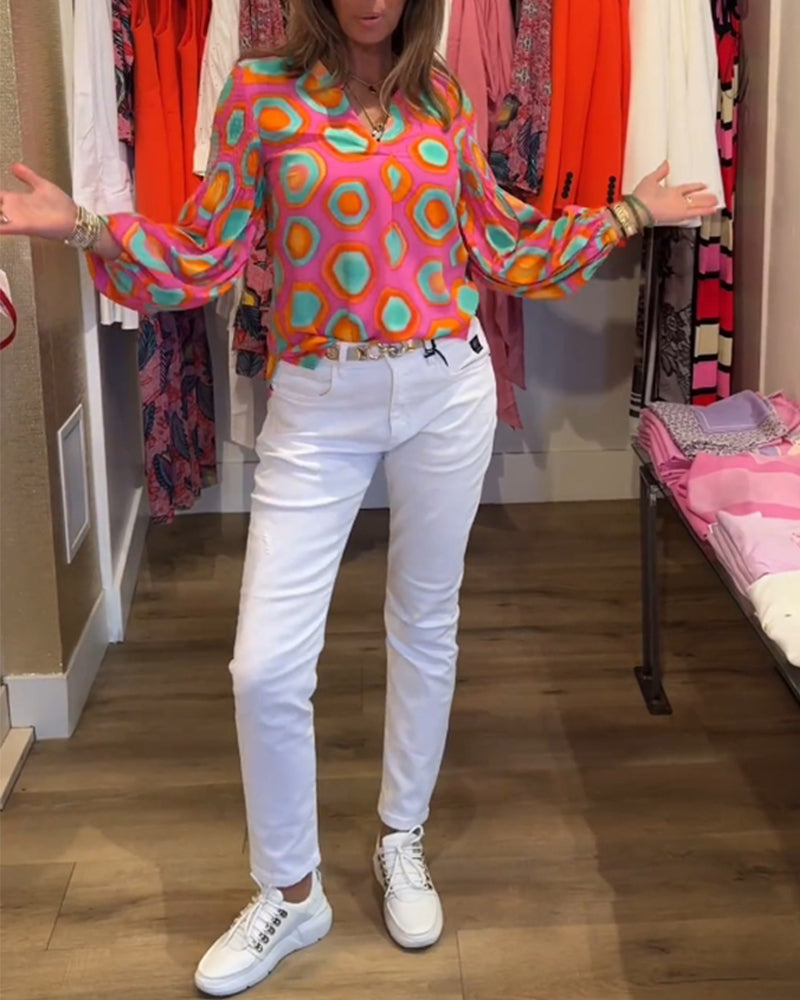 Geometric print long sleeve casual blouse