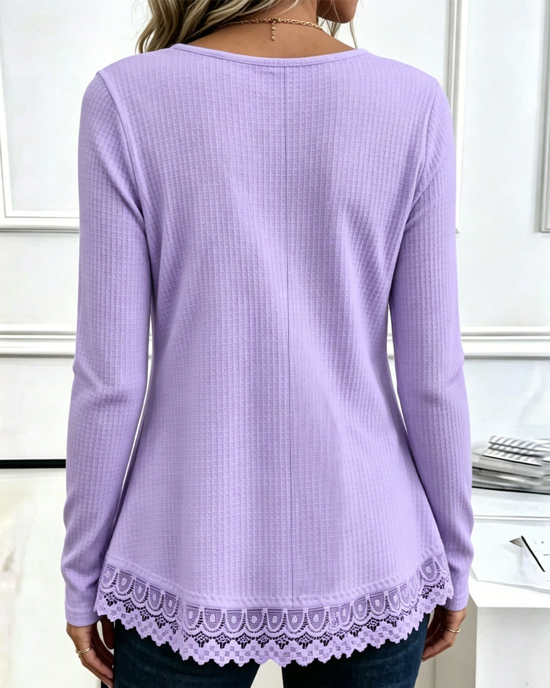 Long Sleeve Waffle Patchwork T-Shirt
