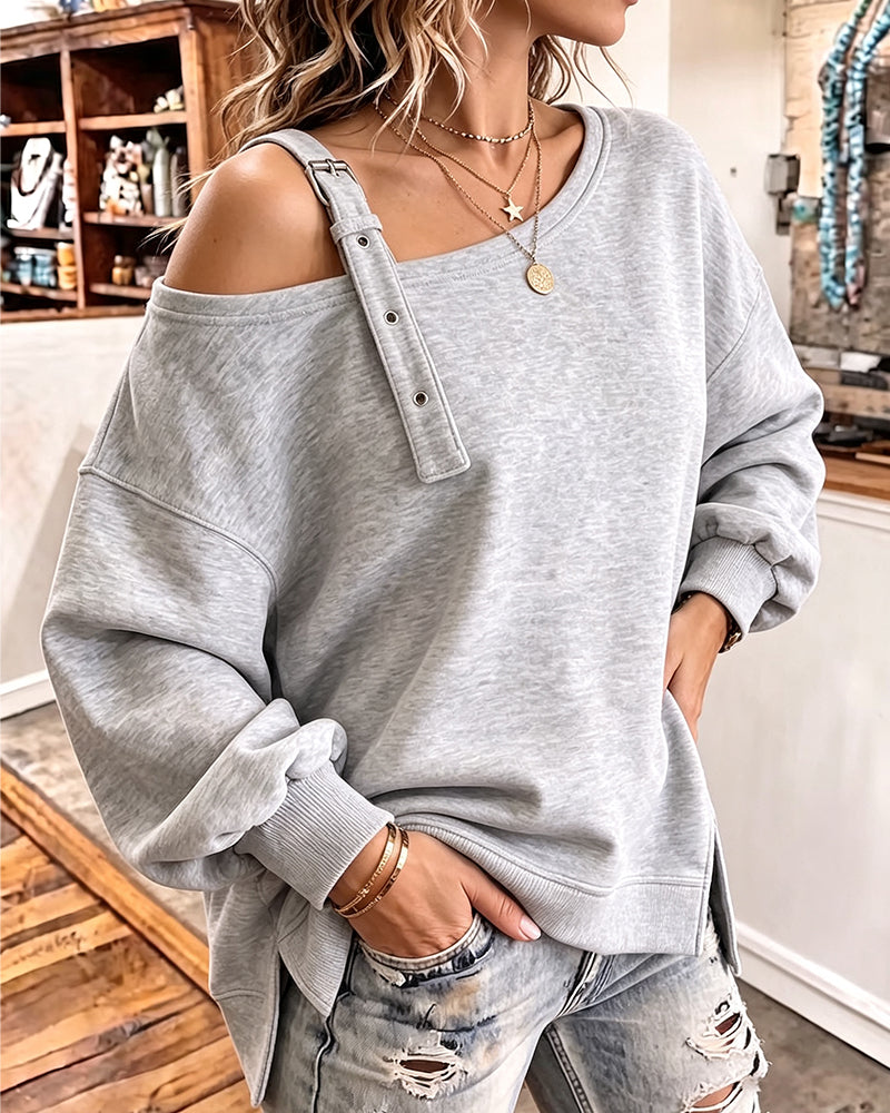 Off-Shoulder Strap Slit Loose-Fit Sweatshirt