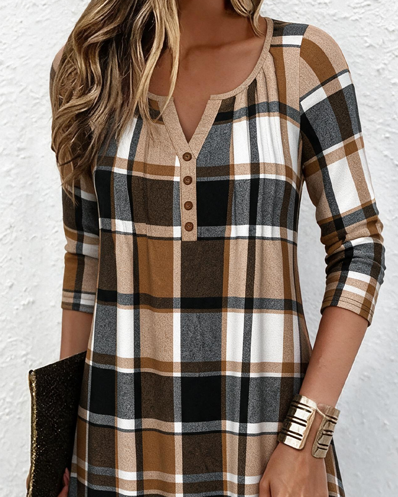 V-Neck Button Plaid Dress