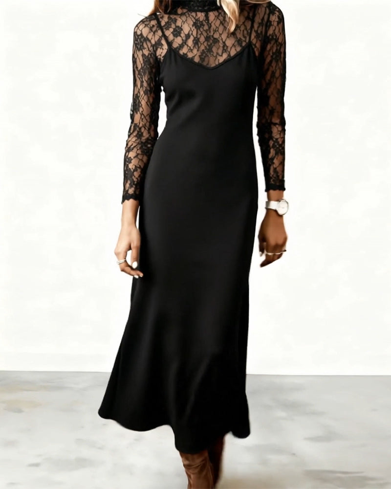 Lace-Trimmed Solid Color Long Dress