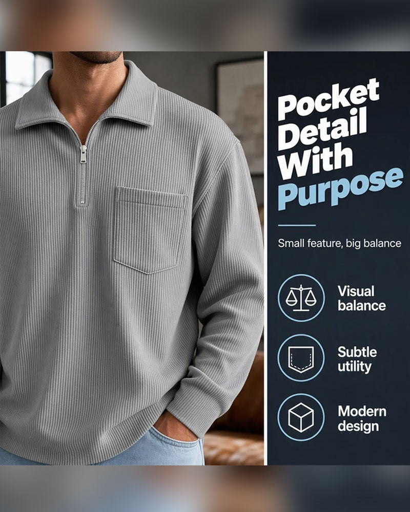 Ribbed Half Zip Lapel Long Sleeve Sweatshirt
