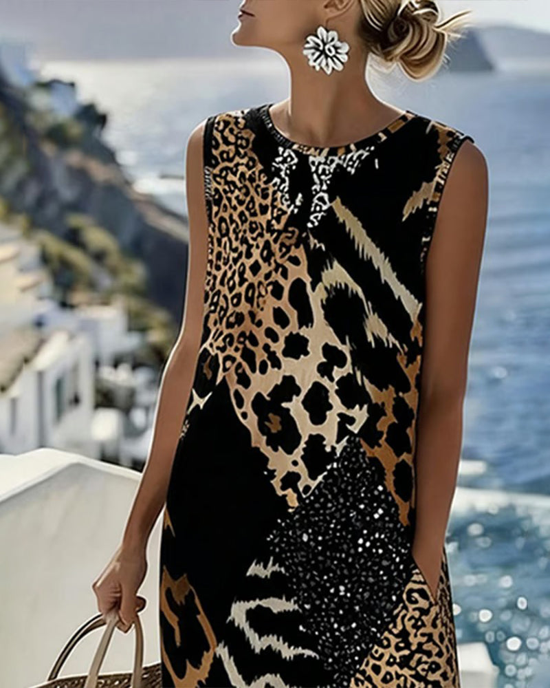 Patchwork Leopard Print Sleeveless Long Dress