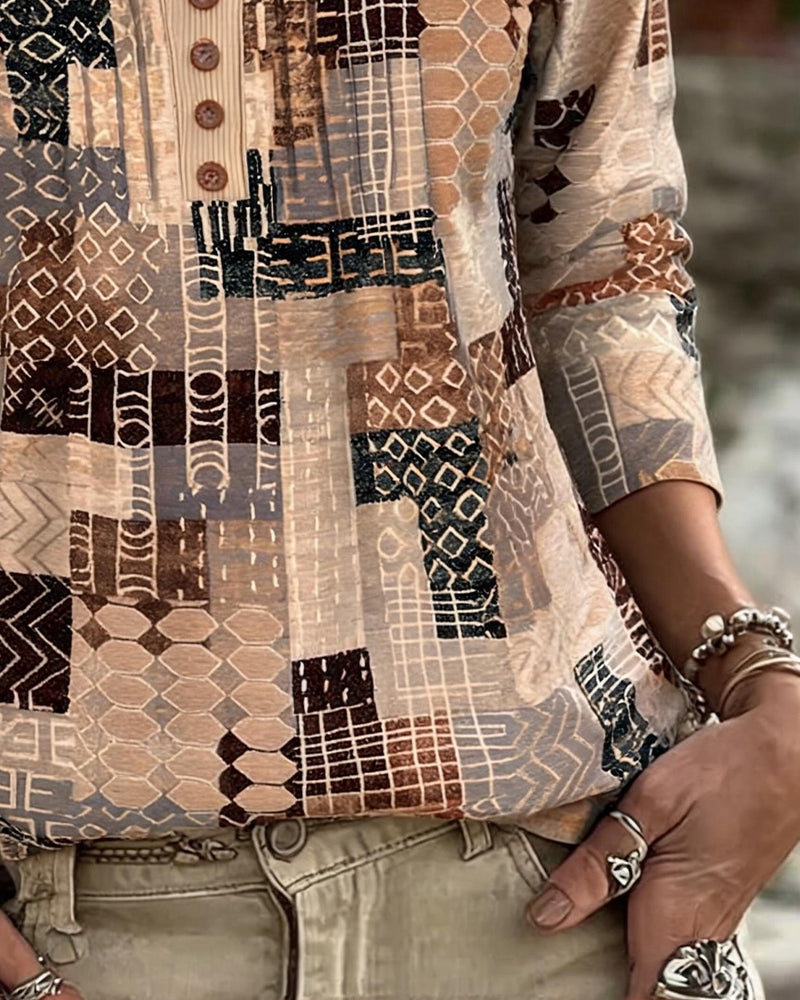 Geometric Patchwork Print Henley T-Shirt