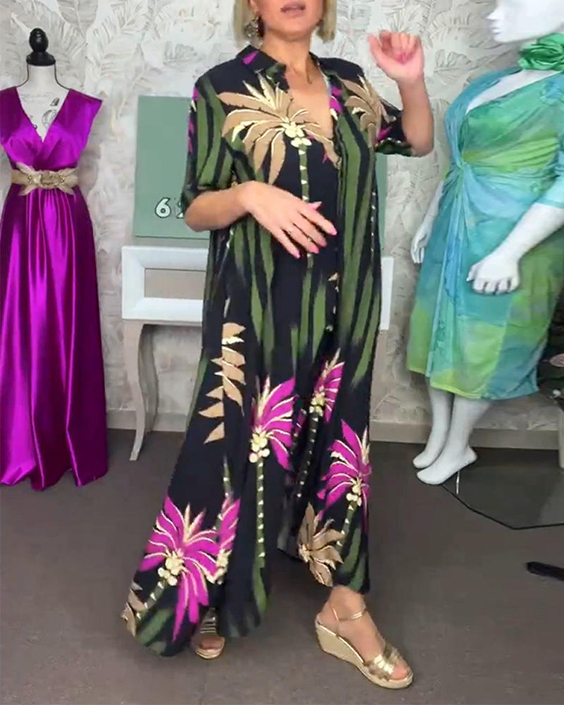 Casual leaf print slit short sleeve loose dress