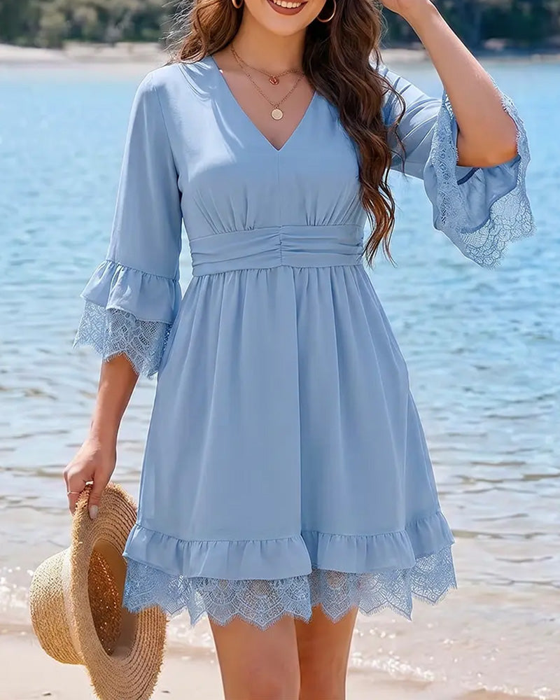 V-Neck Solid Lace Patchwork Dress