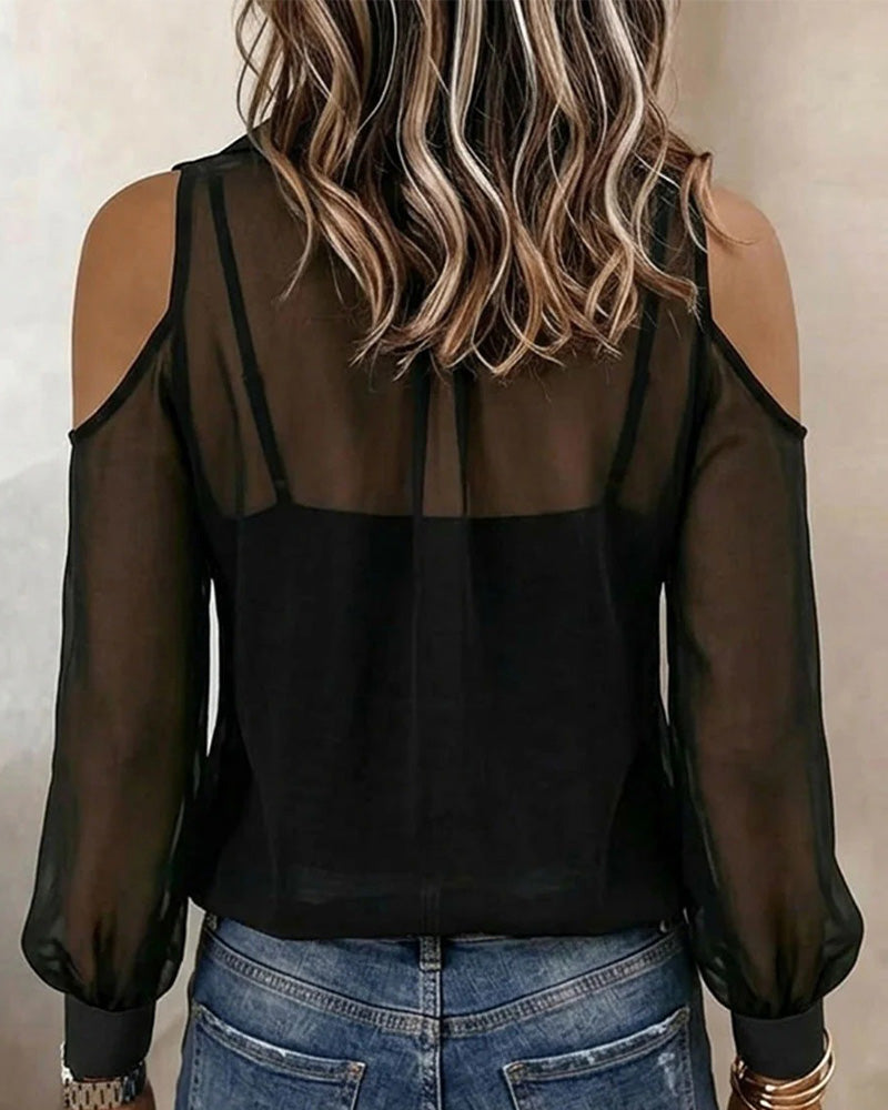 Lapel Off Shoulder Sheer Shirt Camisole Two Piece Set