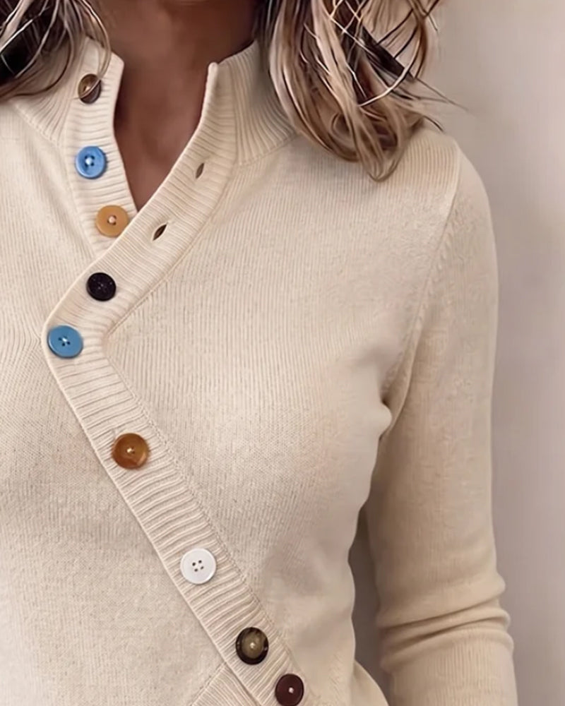 Mandarin Collar Color Block Asymmetrical Button Pullover