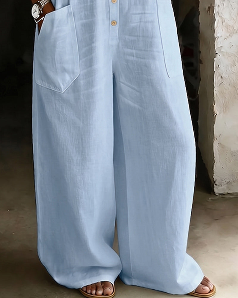 100% Cotton Lapel Collar Casual Wide Leg Jumpsuit