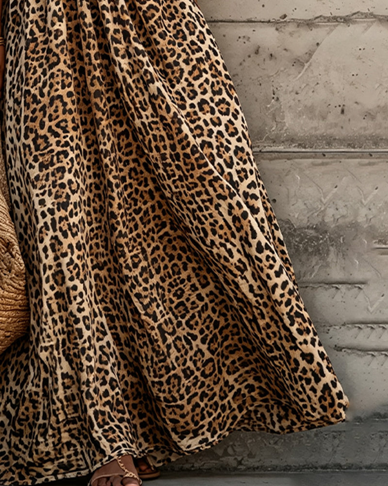 Leopard Print V-Neck Puff Sleeve Dress