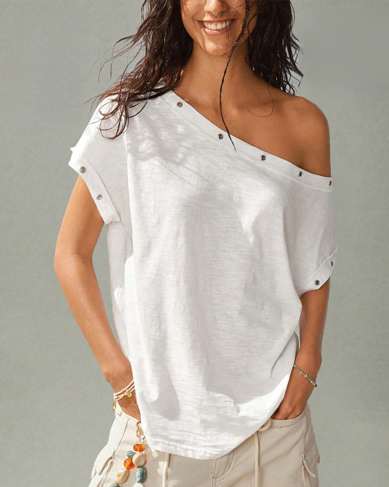 One-Shoulder Rivet Solid T-Shirt