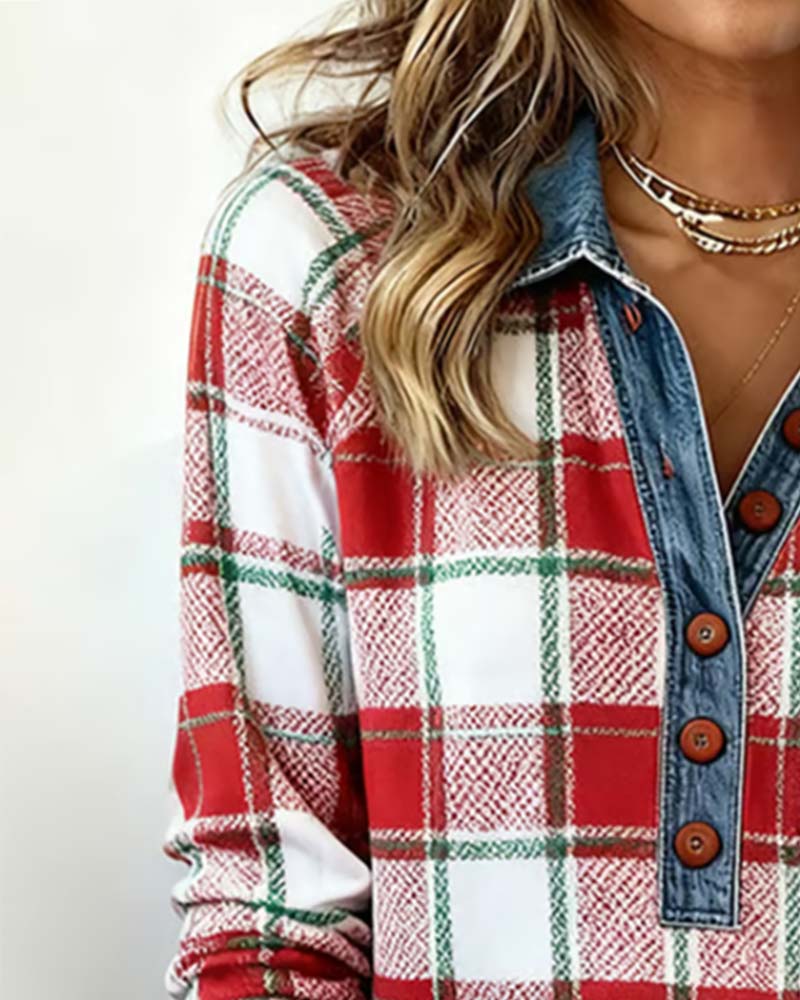 Plaid Denim Patchwork Sweatshirt